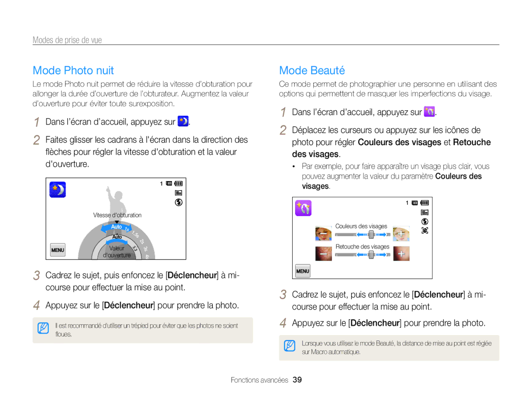 Samsung EC-SH100ZBPRE1, EC-SH100ZBPBE1 manual Mode Photo nuit, Mode Beauté, Douverture, Des visages 