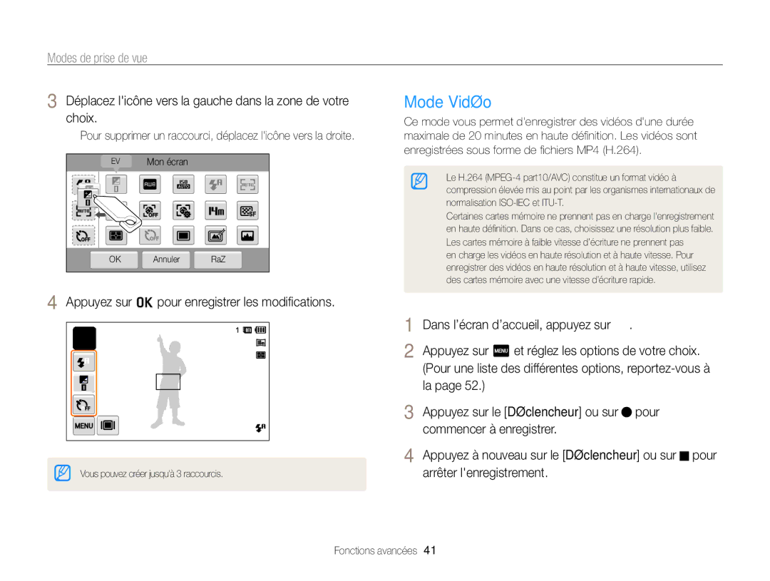 Samsung EC-SH100ZBPRE1, EC-SH100ZBPBE1 manual Mode Vidéo 
