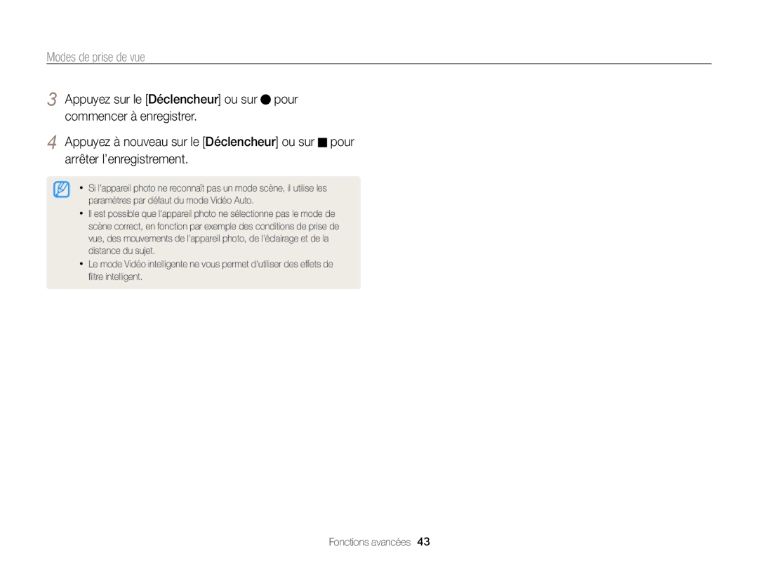 Samsung EC-SH100ZBPRE1, EC-SH100ZBPBE1 manual Modes de prise de vue 