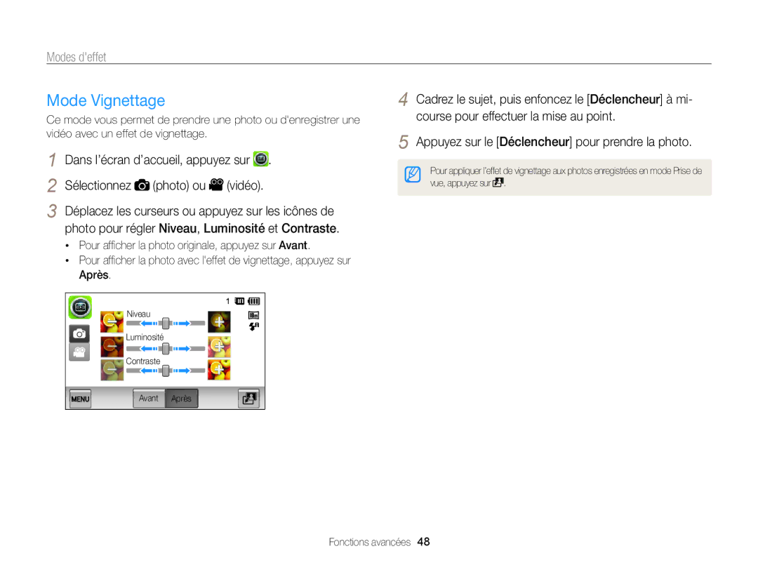 Samsung EC-SH100ZBPBE1 Mode Vignettage, Sélectionnez Photo ou Vidéo, Photo pour régler Niveau, Luminosité et Contraste 