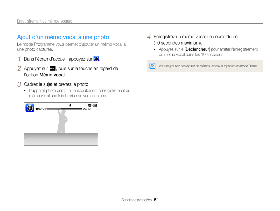 Samsung EC-SH100ZBPRE1 manual Ajout dun mémo vocal à une photo, Enregistrement de mémos vocaux, ’option Mémo vocal 