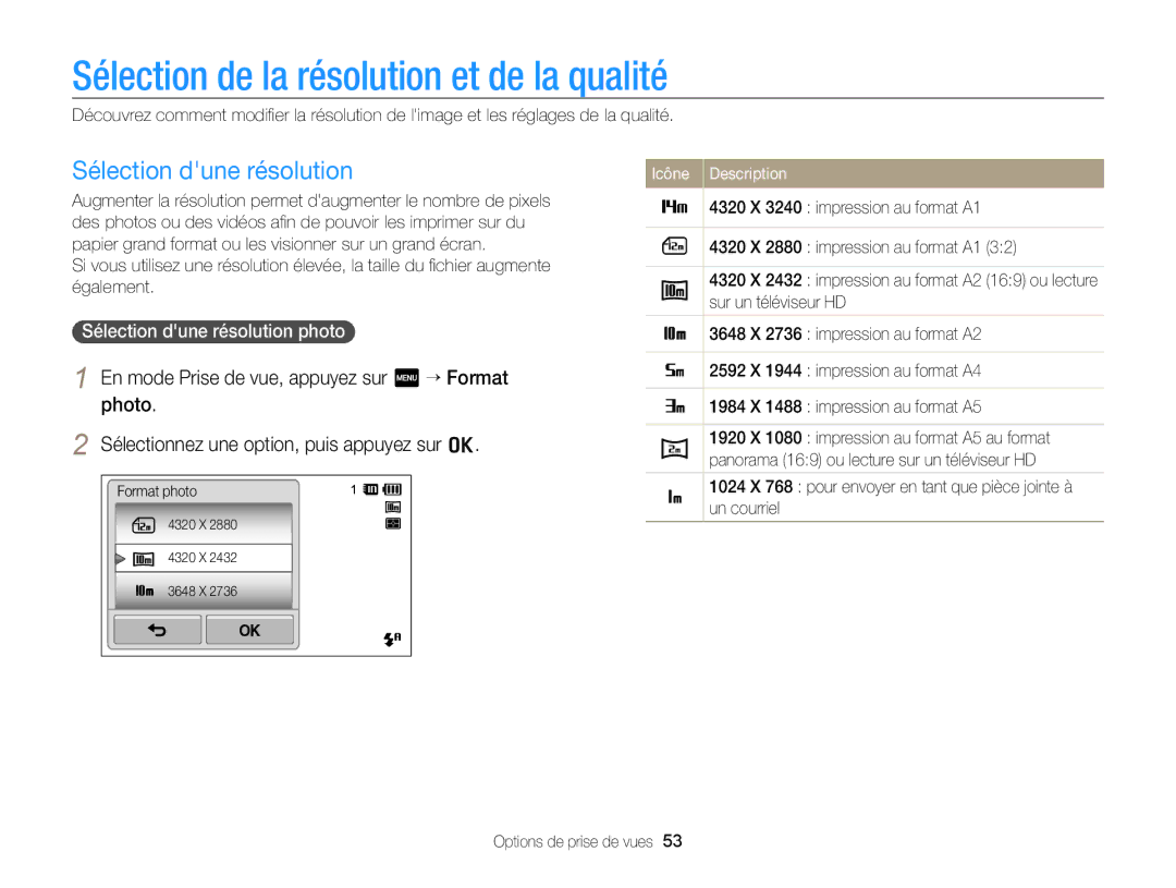 Samsung EC-SH100ZBPRE1 Sélection de la résolution et de la qualité, Sélection dune résolution, Options de prise de vues 