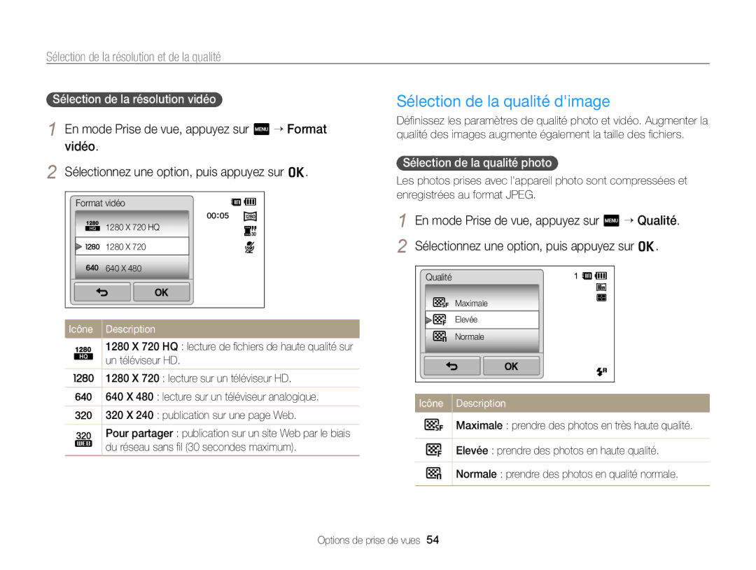 Samsung EC-SH100ZBPBE1, EC-SH100ZBPRE1 manual Sélection de la qualité dimage, Sélection de la résolution et de la qualité 