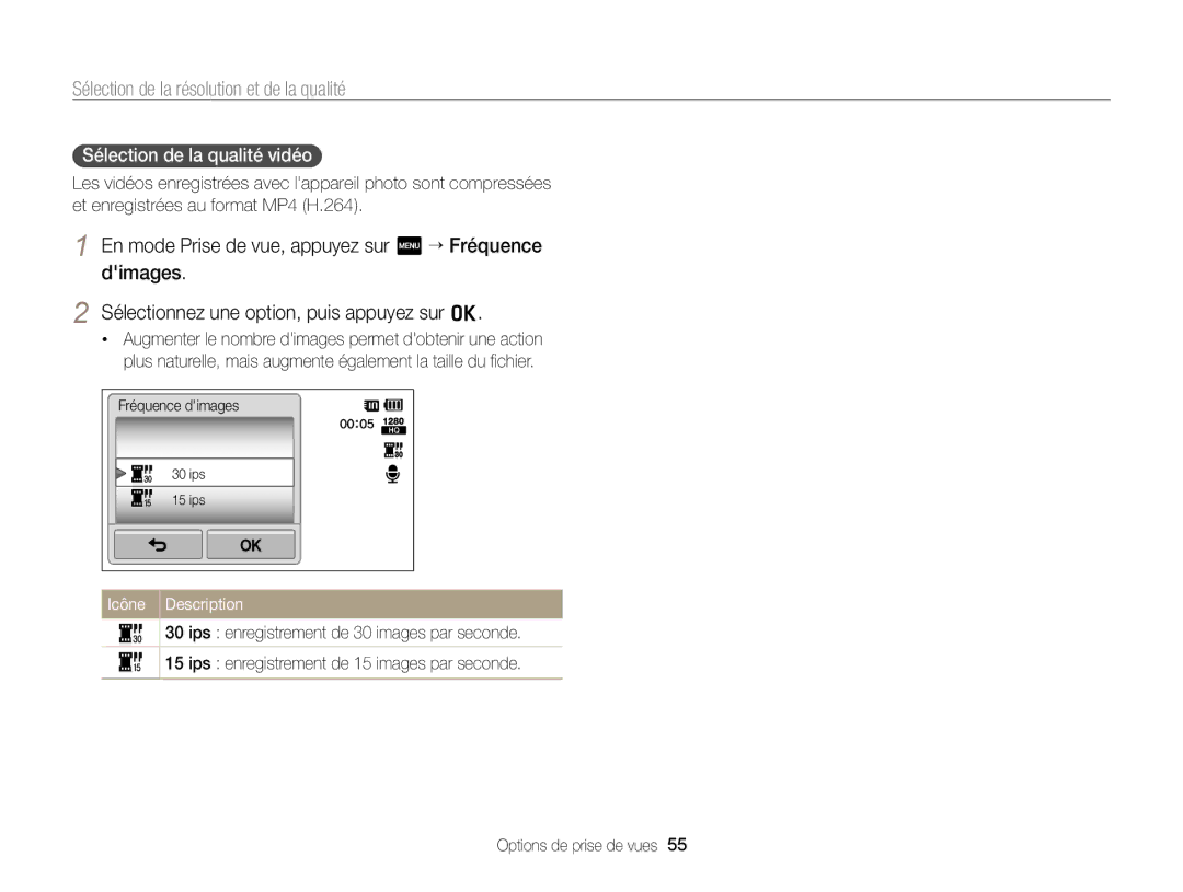 Samsung EC-SH100ZBPRE1, EC-SH100ZBPBE1 manual Sélection de la qualité vidéo 