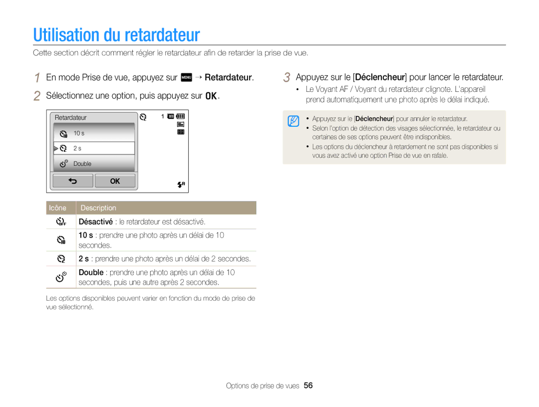 Samsung EC-SH100ZBPBE1, EC-SH100ZBPRE1 Utilisation du retardateur, Appuyez sur le Déclencheur pour lancer le retardateur 