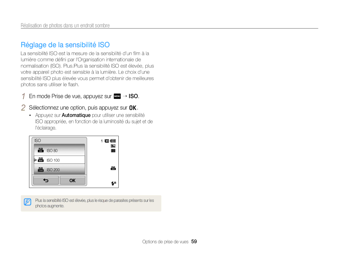 Samsung EC-SH100ZBPRE1, EC-SH100ZBPBE1 manual Réglage de la sensibilité ISO, Iso 