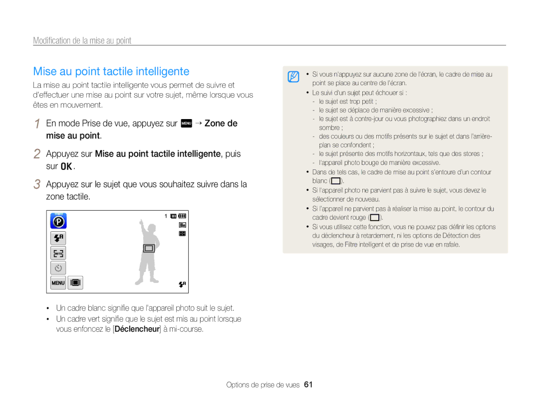 Samsung EC-SH100ZBPRE1, EC-SH100ZBPBE1 manual Mise au point tactile intelligente, Modiﬁcation de la mise au point 