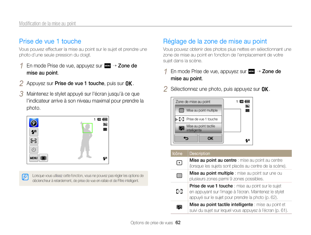 Samsung EC-SH100ZBPBE1 Prise de vue 1 touche, Réglage de la zone de mise au point, Plusieurs zones parmi 9 zones possibles 