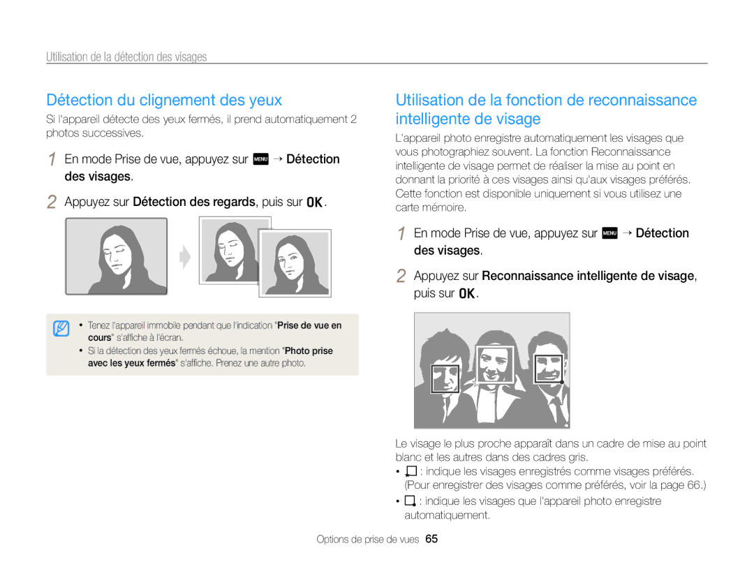 Samsung EC-SH100ZBPRE1, EC-SH100ZBPBE1 manual Détection du clignement des yeux 