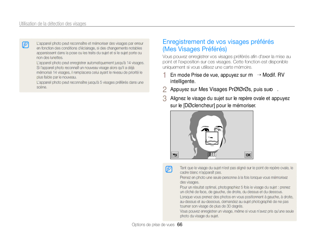 Samsung EC-SH100ZBPBE1, EC-SH100ZBPRE1 manual Enregistrement de vos visages préférés Mes Visages Préférés 