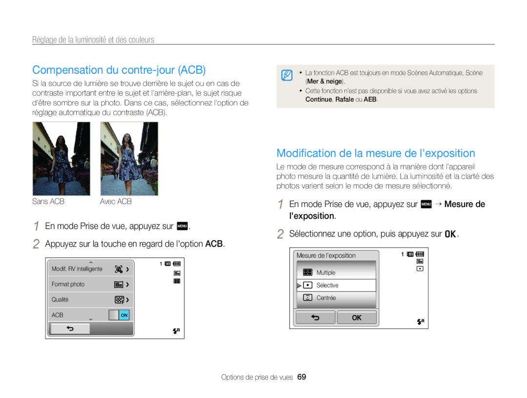 Samsung EC-SH100ZBPRE1, EC-SH100ZBPBE1 manual Compensation du contre-jour ACB, Modiﬁcation de la mesure de lexposition 