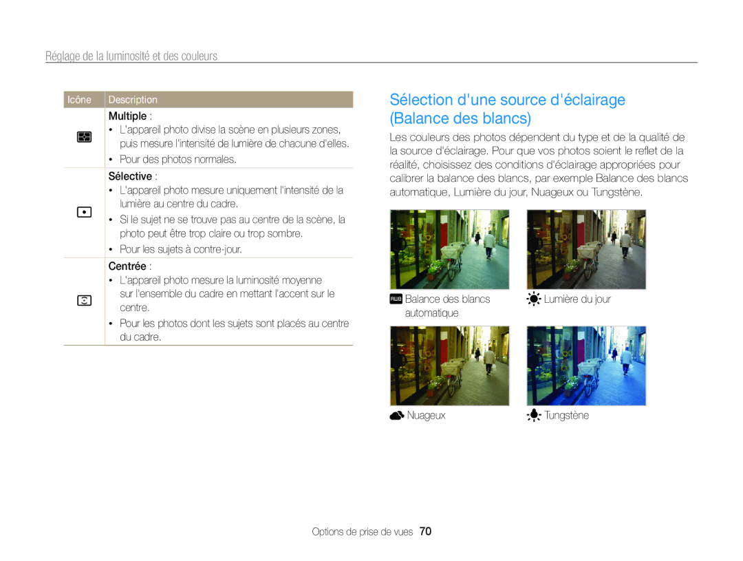 Samsung EC-SH100ZBPBE1 manual Sélection dune source déclairage Balance des blancs, Pour les sujets à contre-jour Centrée 