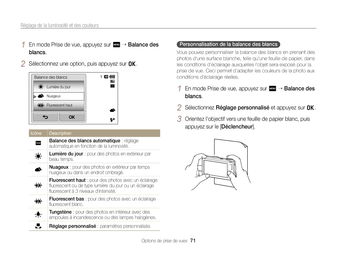 Samsung EC-SH100ZBPRE1, EC-SH100ZBPBE1 manual Personnalisation de la balance des blancs 