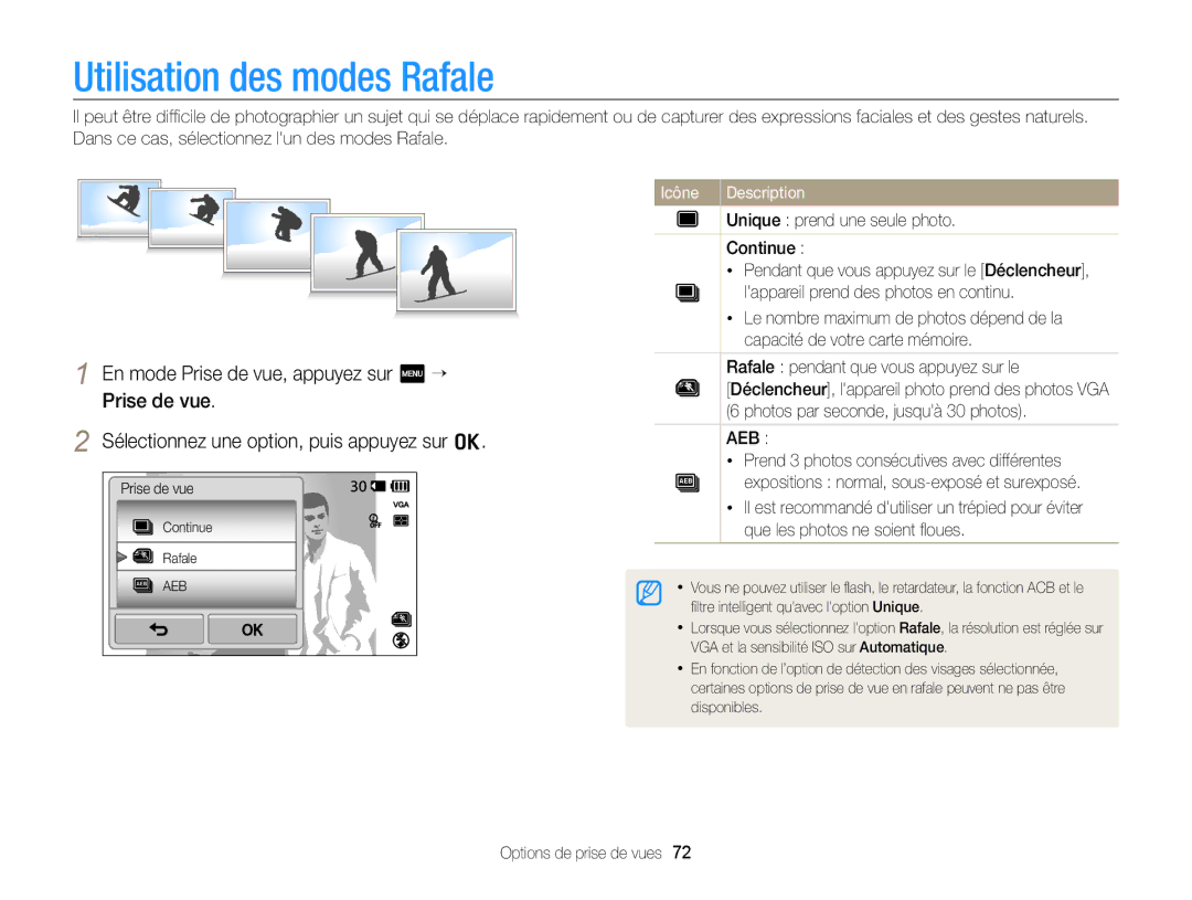 Samsung EC-SH100ZBPBE1, EC-SH100ZBPRE1 manual Utilisation des modes Rafale 