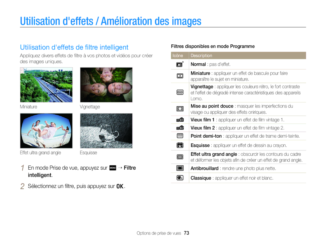 Samsung EC-SH100ZBPRE1 manual Utilisation deffets / Amélioration des images, Utilisation deffets de ﬁltre intelligent 