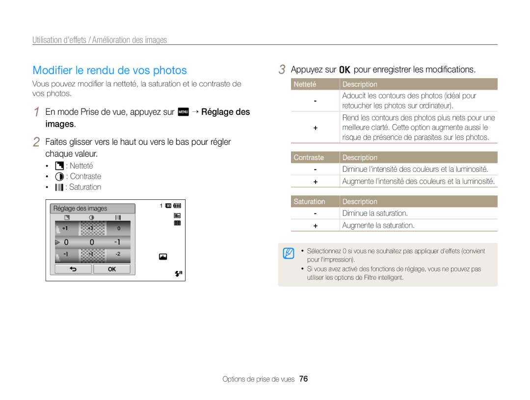 Samsung EC-SH100ZBPBE1 Modiﬁer le rendu de vos photos, Netteté Description, Retoucher les photos sur ordinateur, Contraste 