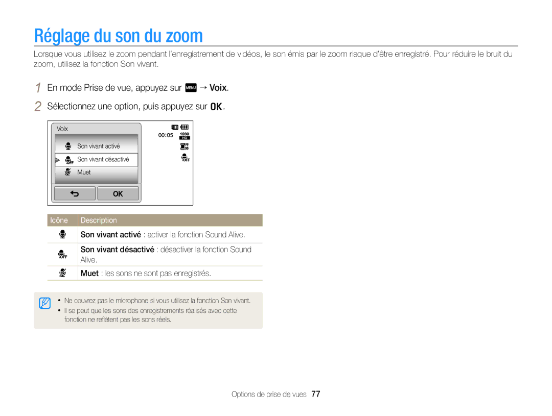 Samsung EC-SH100ZBPRE1, EC-SH100ZBPBE1 manual Réglage du son du zoom, Icône Description 
