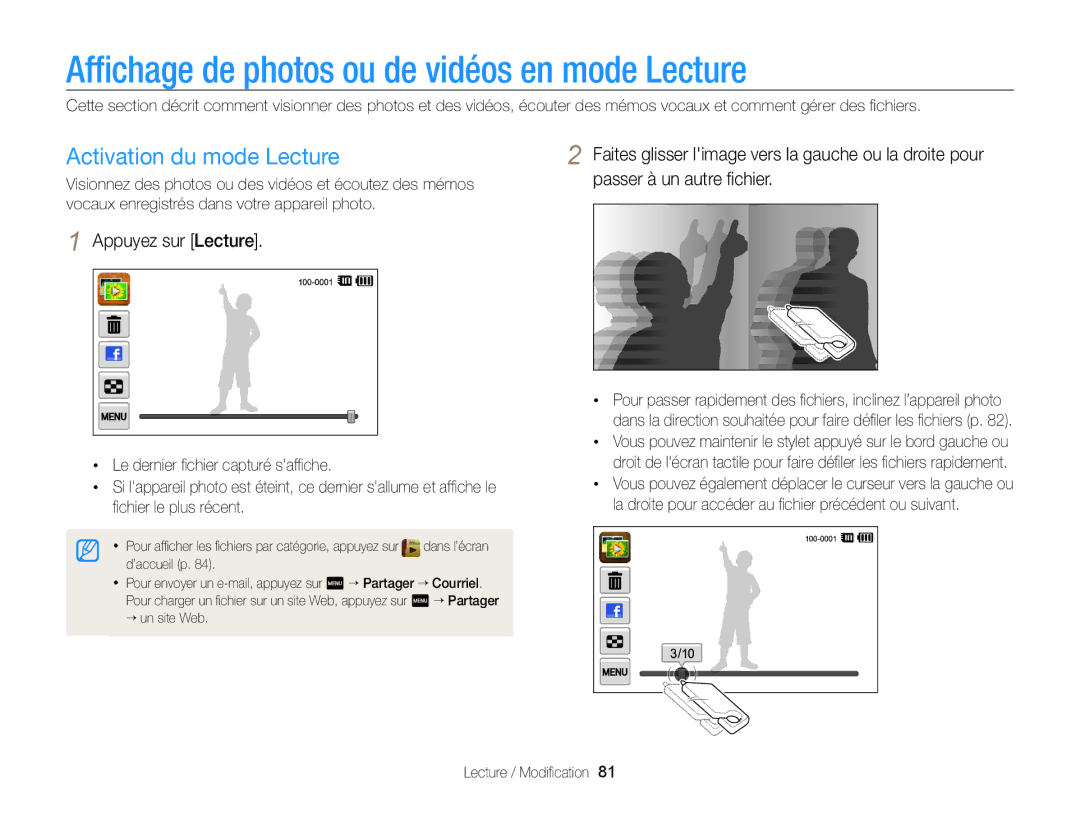 Samsung EC-SH100ZBPRE1 Afﬁchage de photos ou de vidéos en mode Lecture, Activation du mode Lecture, Lecture / Modiﬁcation 