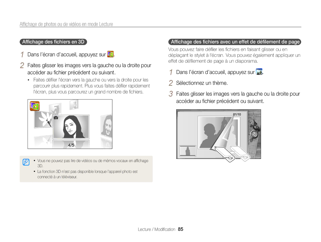 Samsung EC-SH100ZBPRE1 manual Accéder au ﬁchier précédent ou suivant, Sélectionnez un thème, Afﬁchage des ﬁchiers en 3D 