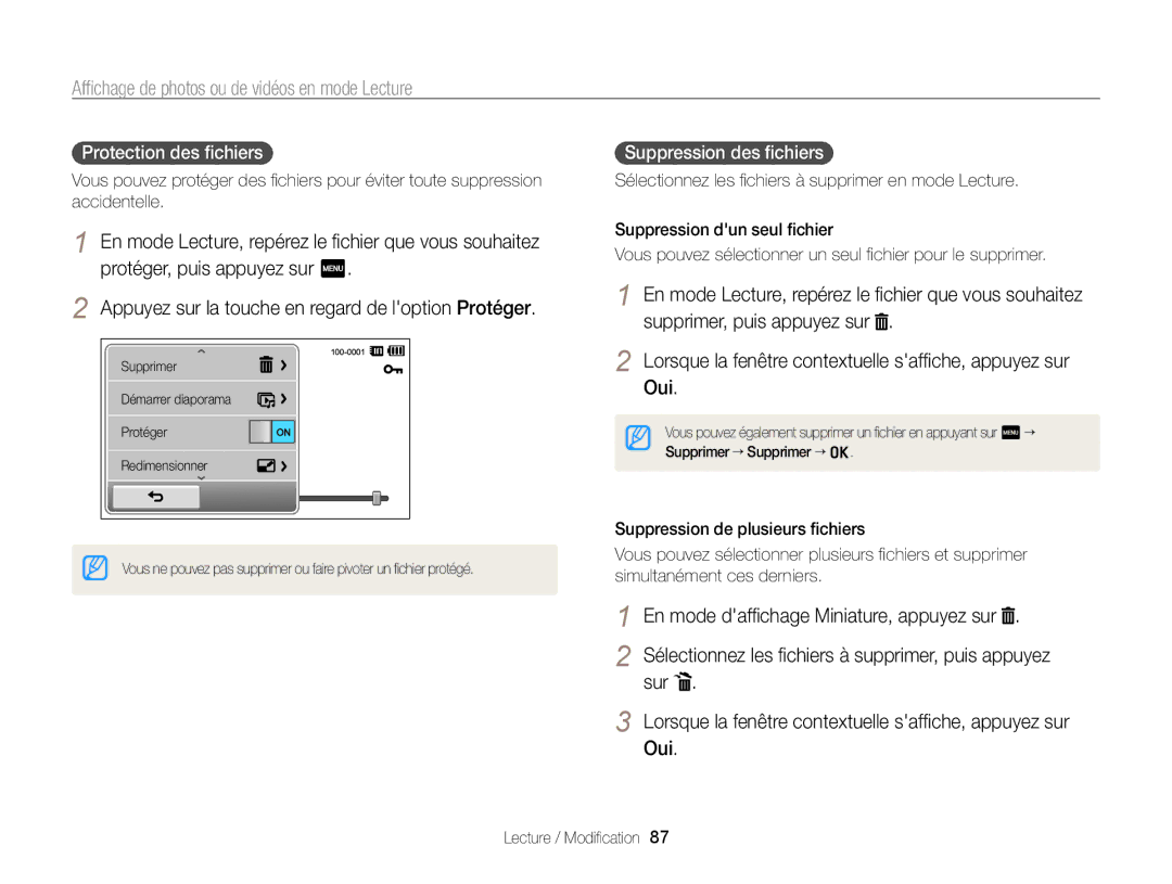 Samsung EC-SH100ZBPRE1, EC-SH100ZBPBE1 manual Protection des ﬁchiers, Suppression des ﬁchiers 