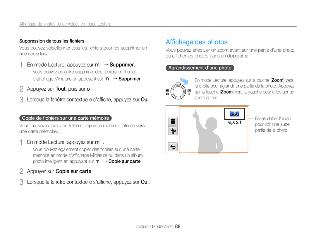 Samsung EC-SH100ZBPBE1 manual Afﬁchage des photos, En mode Lecture, appuyez sur m “ Supprimer, Appuyez sur Tout, puis sur o 