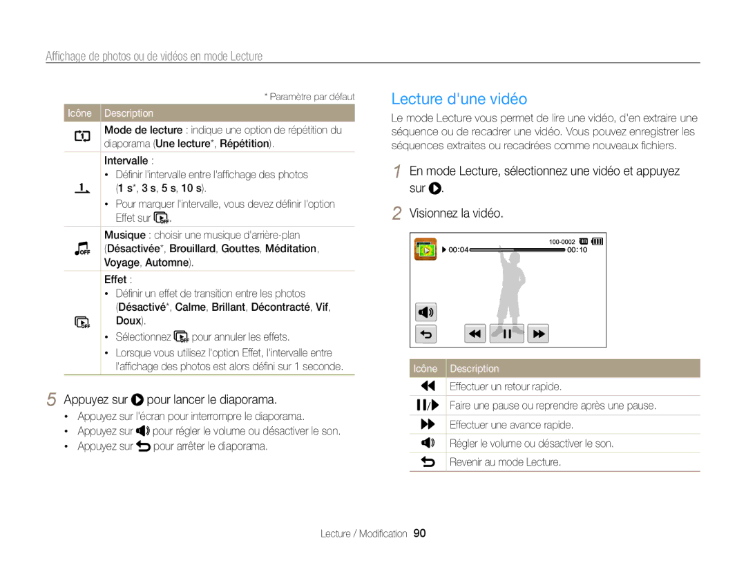 Samsung EC-SH100ZBPBE1 manual Lecture dune vidéo, Appuyez sur pour lancer le diaporama, Effectuer un retour rapide 