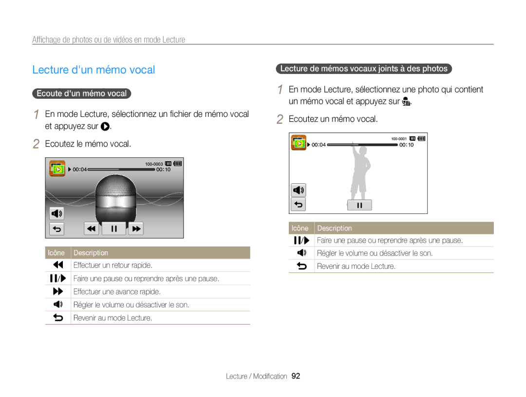 Samsung EC-SH100ZBPBE1 manual Lecture dun mémo vocal, Ecoute dun mémo vocal, Lecture de mémos vocaux joints à des photos 