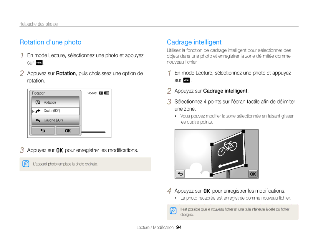 Samsung EC-SH100ZBPBE1, EC-SH100ZBPRE1 manual Rotation dune photo, Cadrage intelligent, Retouche des photos 