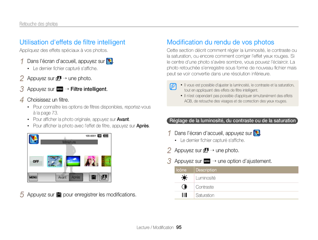 Samsung EC-SH100ZBPRE1, EC-SH100ZBPBE1 Modiﬁcation du rendu de vos photos, Appuyez sur “ une photo, Choisissez un ﬁltre 