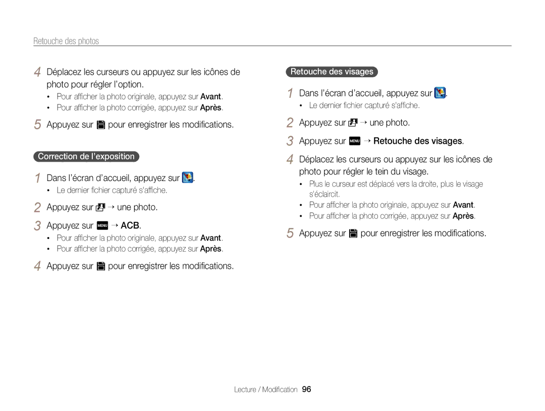Samsung EC-SH100ZBPBE1 manual Photo pour régler le tein du visage, Correction de l’exposition, Retouche des visages 