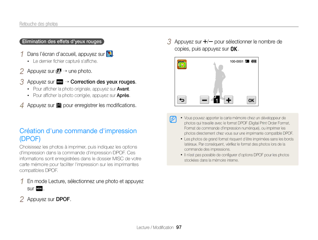 Samsung EC-SH100ZBPRE1, EC-SH100ZBPBE1 manual Création dune commande dimpression Dpof, Elimination des effets dyeux rouges 