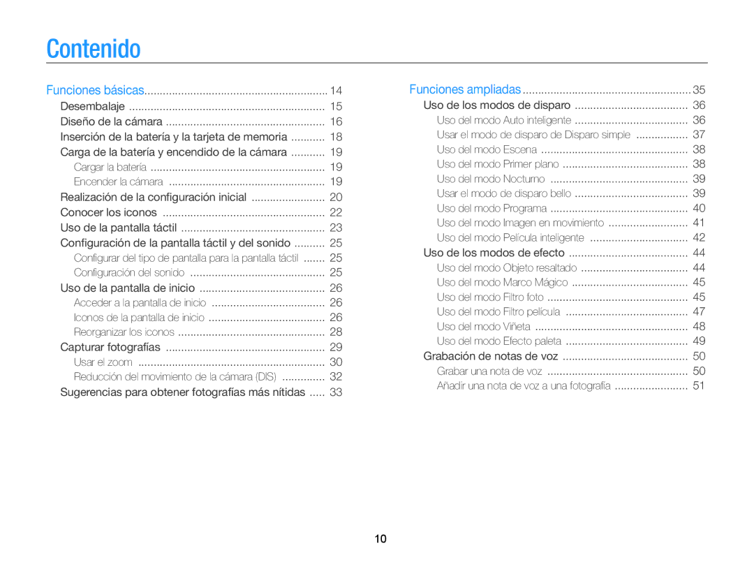 Samsung EC-SH100ZBPBE1, EC-SH100ZBPRE1 manual Contenido, Carga de la batería y encendido de la cámara 