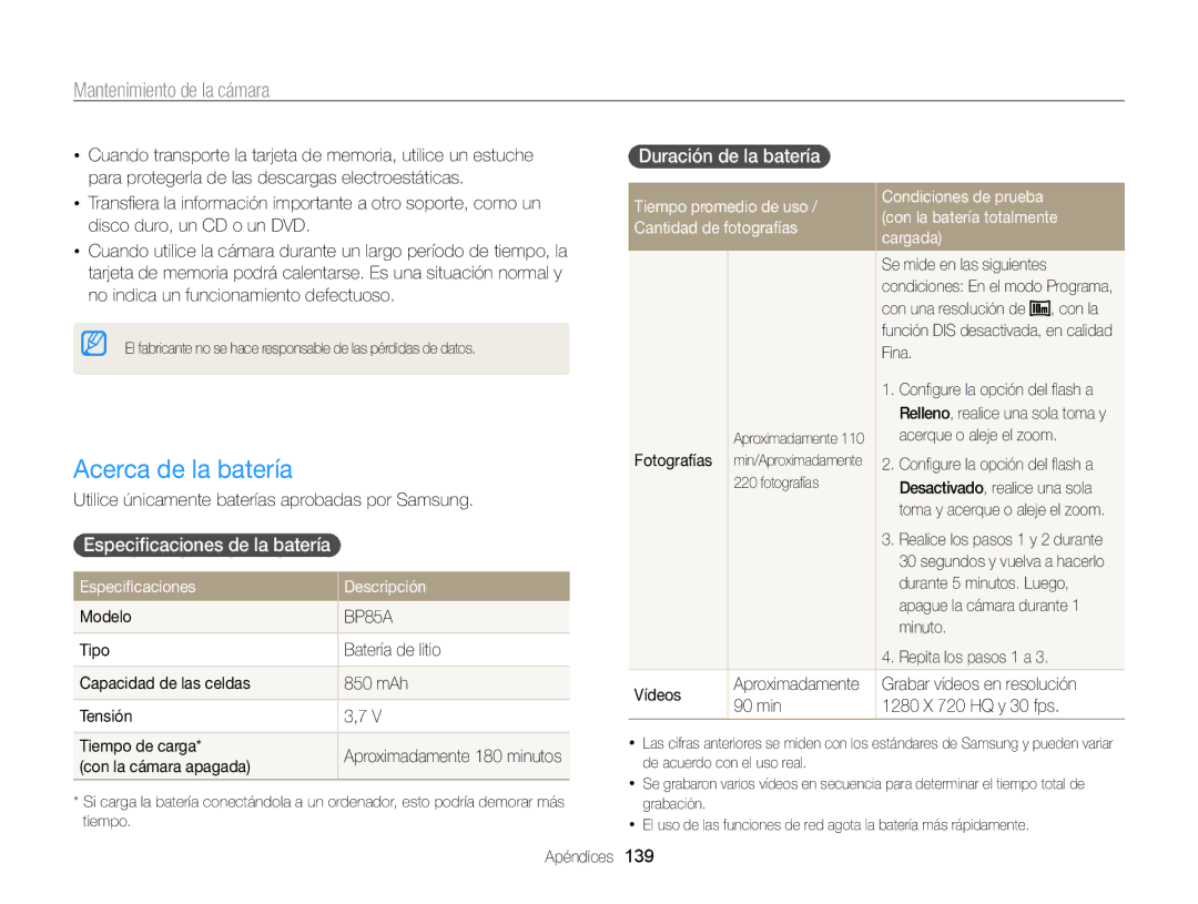 Samsung EC-SH100ZBPRE1, EC-SH100ZBPBE1 manual Acerca de la batería, Especiﬁcaciones de la batería, Duración de la batería 