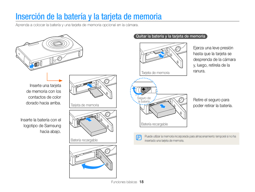 Samsung EC-SH100ZBPBE1 manual Inserción de la batería y la tarjeta de memoria, Quitar la batería y la tarjeta de memoria 