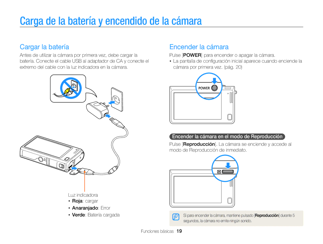 Samsung EC-SH100ZBPRE1, EC-SH100ZBPBE1 Carga de la batería y encendido de la cámara, Cargar la batería, Encender la cámara 