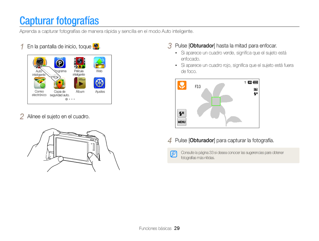 Samsung EC-SH100ZBPRE1, EC-SH100ZBPBE1 manual Capturar fotografías, Pulse Obturador hasta la mitad para enfocar 