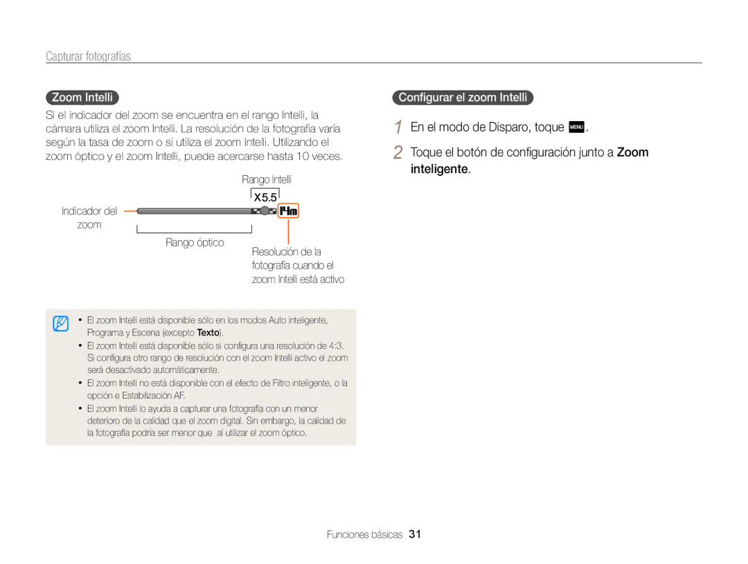 Samsung EC-SH100ZBPRE1 manual Zoom Intelli, Conﬁgurar el zoom Intelli, Rango Intelli Indicador del Zoom Rango óptico 
