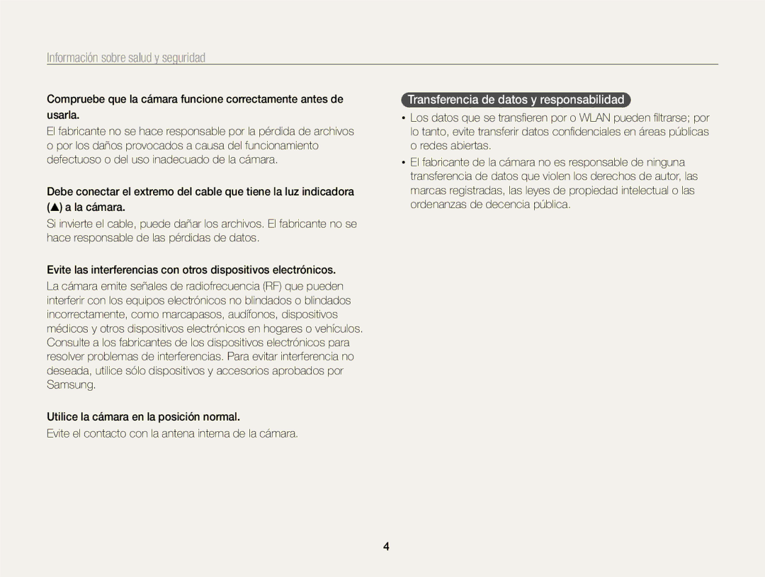 Samsung EC-SH100ZBPBE1, EC-SH100ZBPRE1 manual Transferencia de datos y responsabilidad 