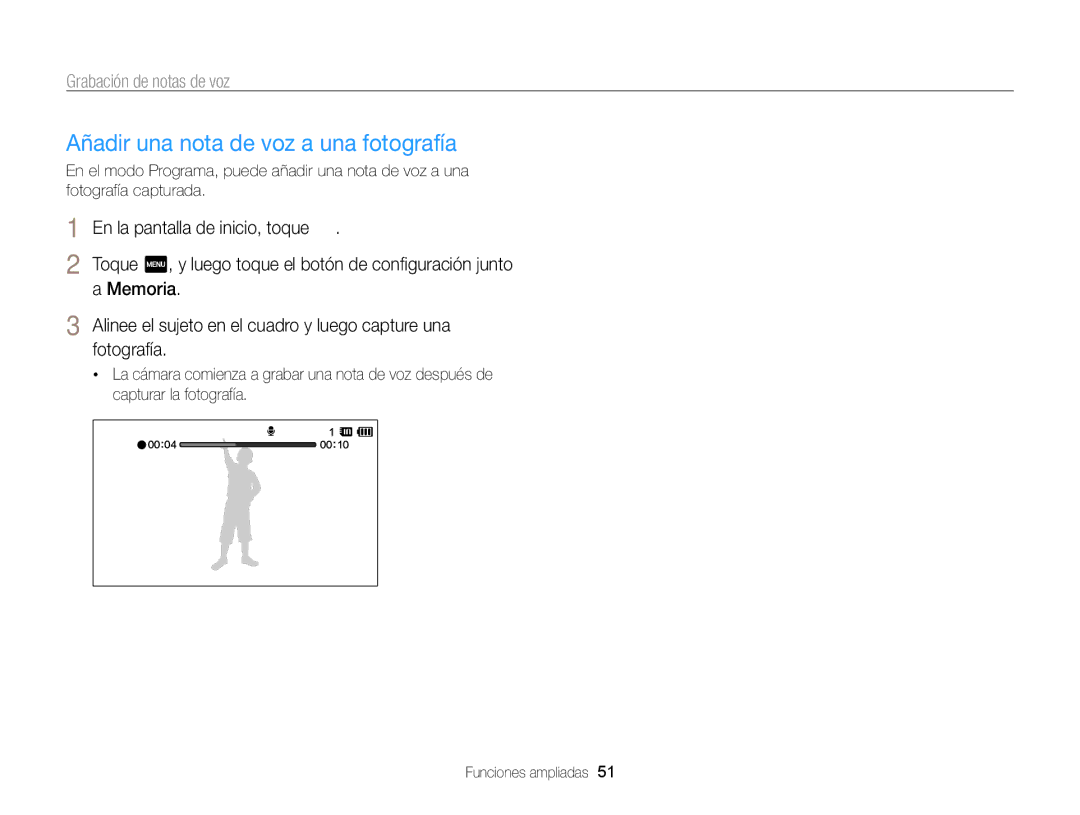 Samsung EC-SH100ZBPRE1, EC-SH100ZBPBE1 manual Añadir una nota de voz a una fotografía, Grabación de notas de voz, Memoria 