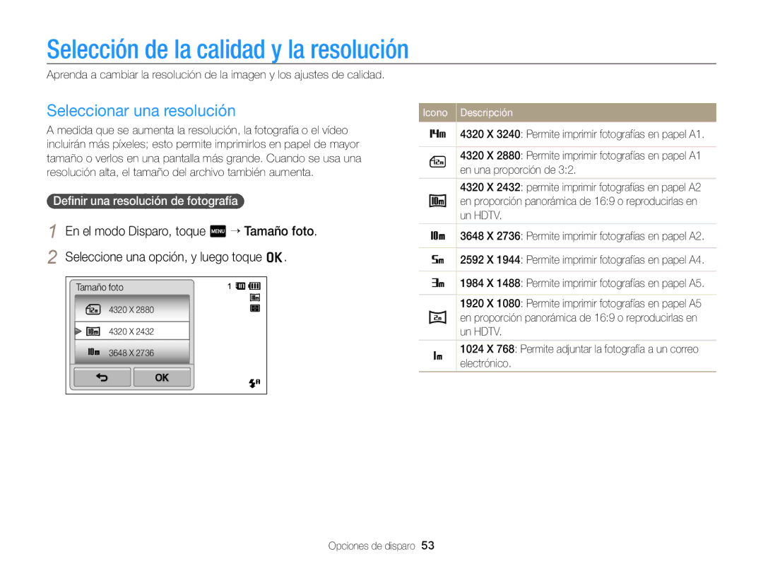 Samsung EC-SH100ZBPRE1, EC-SH100ZBPBE1 manual Selección de la calidad y la resolución, Seleccionar una resolución 