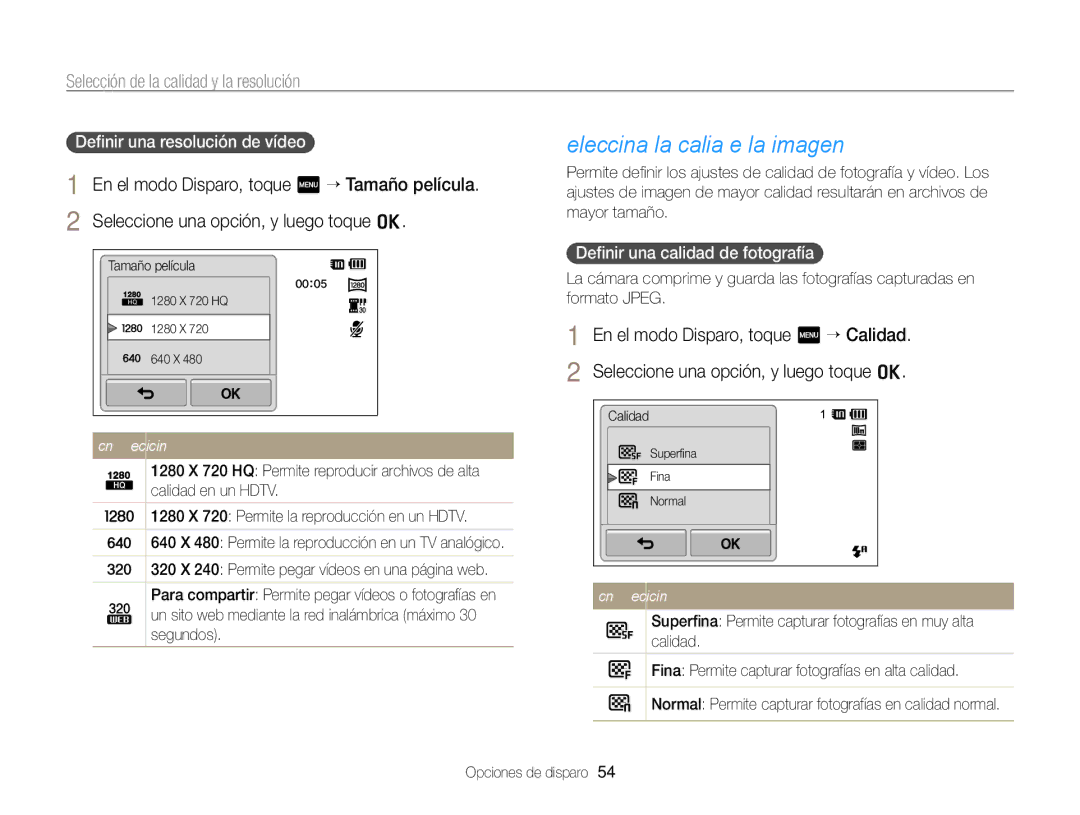 Samsung EC-SH100ZBPBE1, EC-SH100ZBPRE1 manual Seleccionar la calidad de la imagen, Selección de la calidad y la resolución 