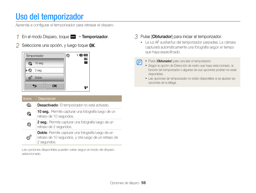 Samsung EC-SH100ZBPBE1, EC-SH100ZBPRE1 manual Uso del temporizador, Pulse Obturador para iniciar el temporizador 