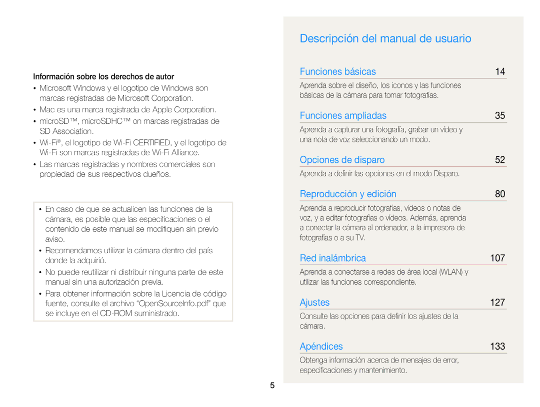 Samsung EC-SH100ZBPRE1, EC-SH100ZBPBE1 Descripción del manual de usuario, 107, 127, 133 