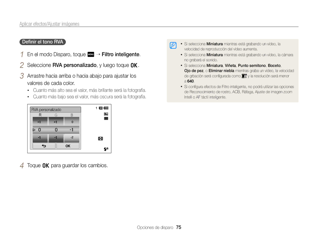 Samsung EC-SH100ZBPRE1, EC-SH100ZBPBE1 manual Toque o para guardar los cambios, Deﬁnir el tono RVA 