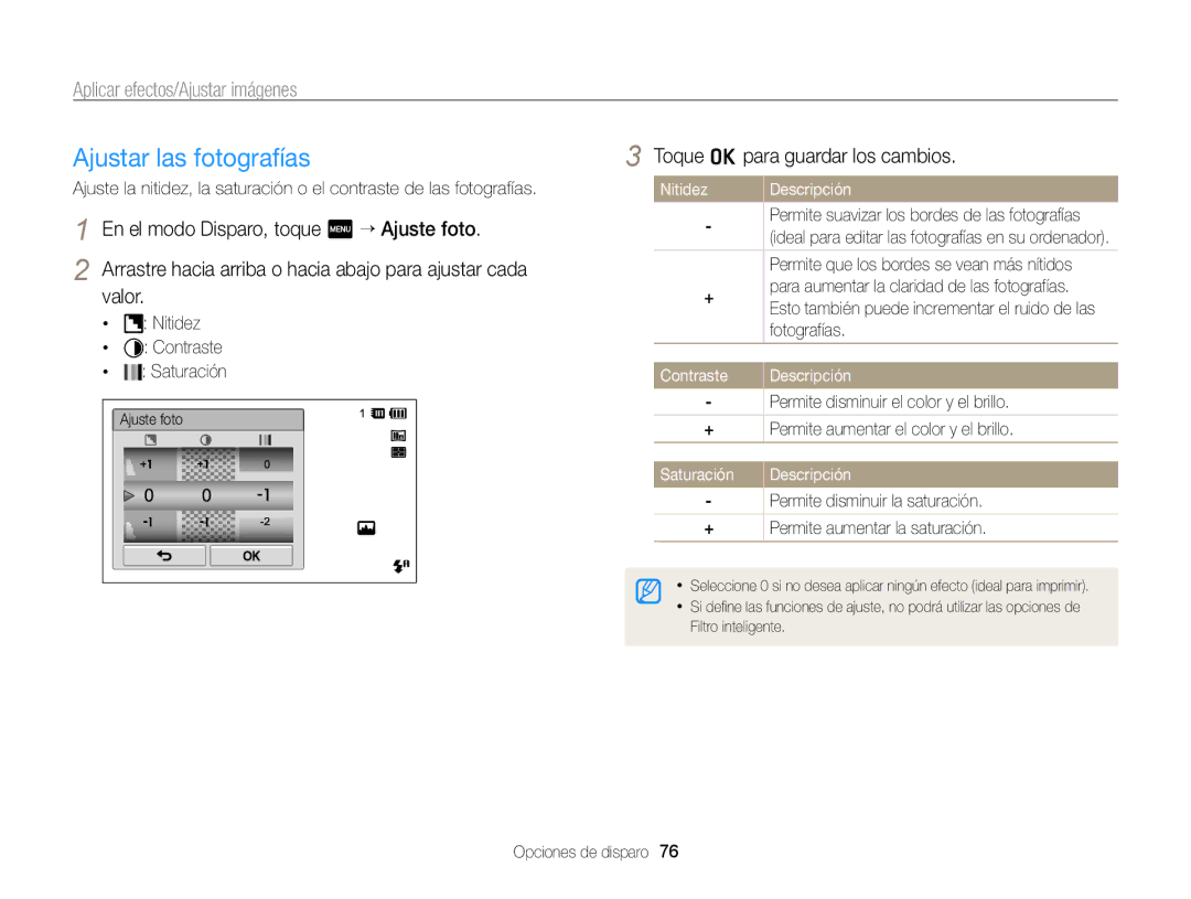 Samsung EC-SH100ZBPBE1 manual Ajustar las fotografías, Nitidez Descripción, Fotografías, Contraste Descripción, Saturación 