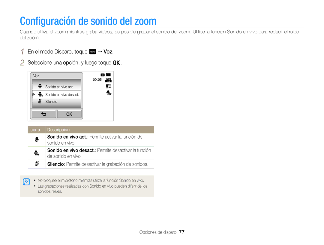 Samsung EC-SH100ZBPRE1, EC-SH100ZBPBE1 manual Conﬁguración de sonido del zoom, Icono Descripción 