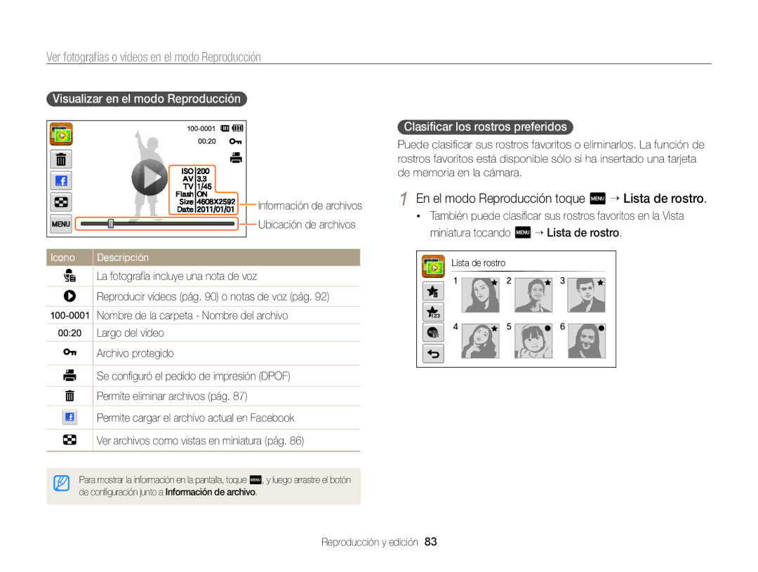 Samsung EC-SH100ZBPRE1, EC-SH100ZBPBE1 manual Clasiﬁcar los rostros preferidos, Ubicación de archivos 