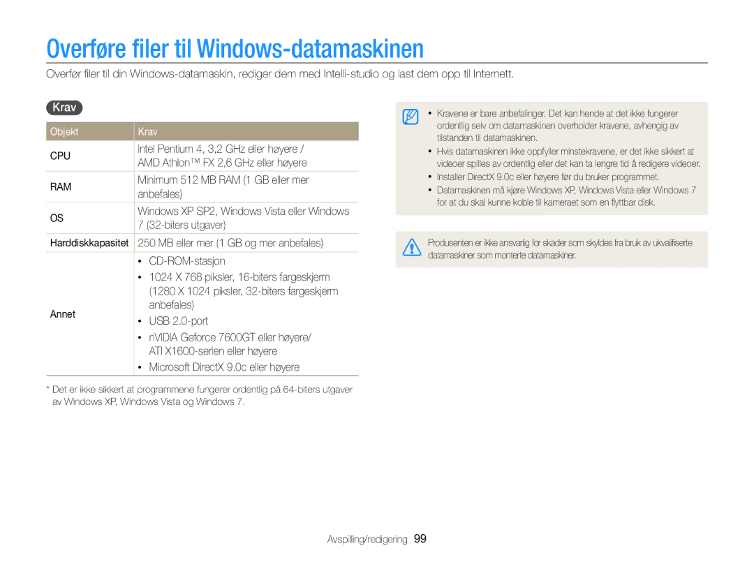 Samsung EC-SH100ZBPRE2, EC-SH100ZBPSE2, EC-SH100ZBPBE2 manual Overføre ﬁler til Windows-datamaskinen, Objekt Krav 