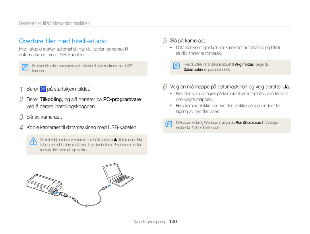 Samsung EC-SH100ZBPBE2 manual Overføre ﬁler med Intelli-studio, Overføre ﬁler til Windows-datamaskinen, Slå av kameraet 