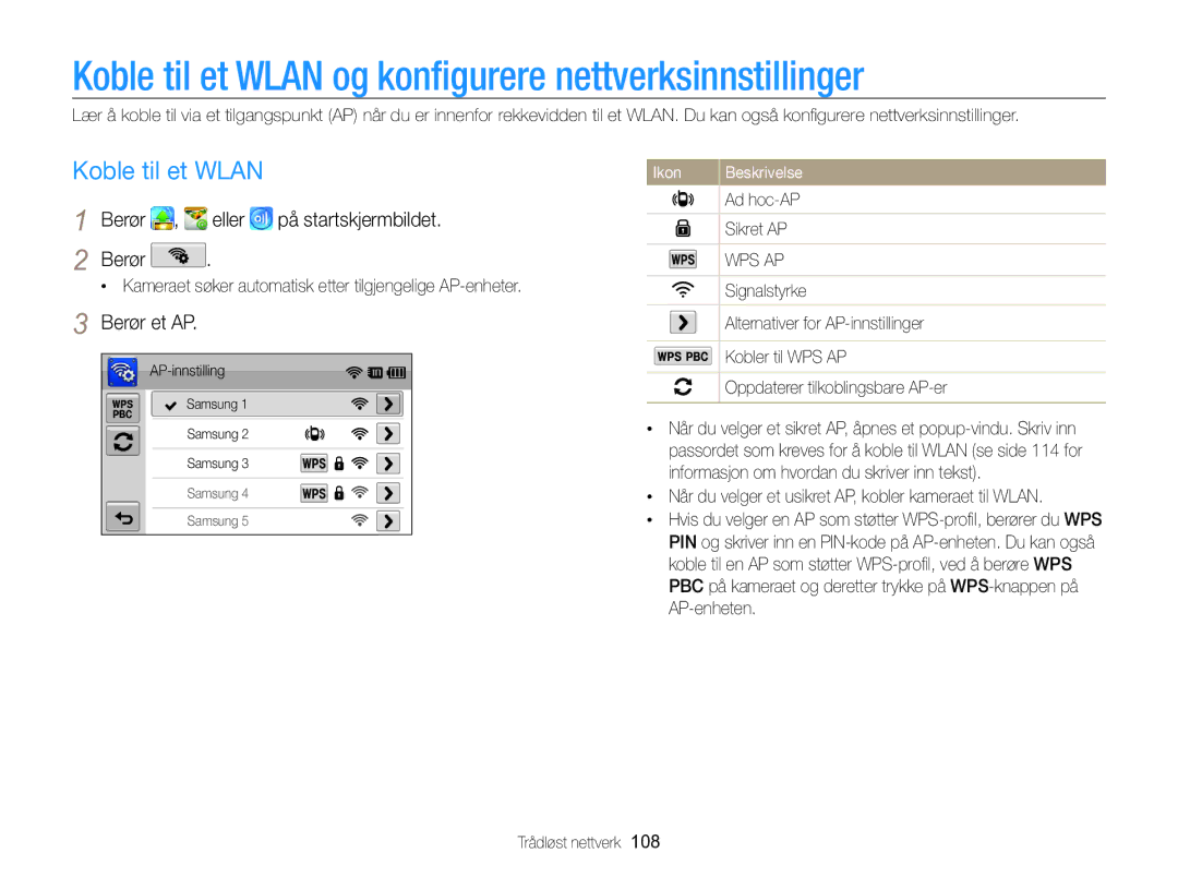 Samsung EC-SH100ZBPRE2, EC-SH100ZBPSE2 Koble til et Wlan og konﬁgurere nettverksinnstillinger, Berør Eller, Berør et AP 